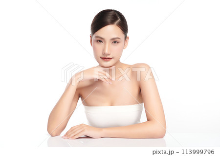 Beautiful young asian woman with clean fresh skin on white background, Face care, Facial treatment, Cosmetology, beauty and spa, Asian women portrait. 113999796