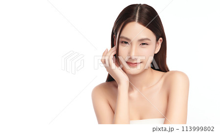 Beautiful young asian woman with clean fresh skin on white background, Face care, Facial treatment, Cosmetology, beauty and spa, Asian women portrait. 113999802