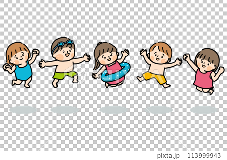 水着でジャンプする笑顔の子供たち 113999943