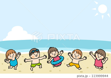 海でジャンプする水着姿の子供たち 113999944