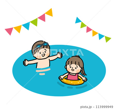 プールで遊ぶ女の子と男の子 113999949
