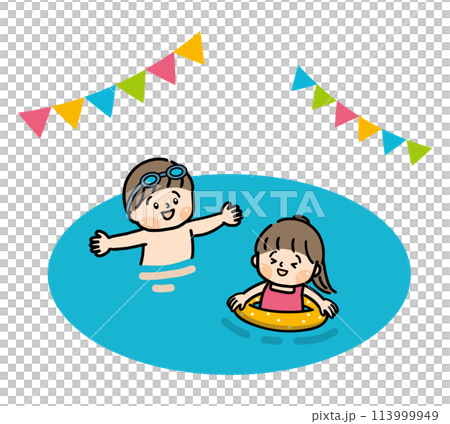 プールで遊ぶ女の子と男の子 113999949