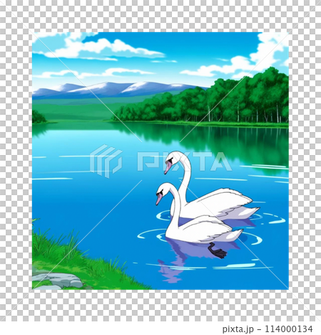 天鵝湖 藍天下一對天鵝游泳的湖泊插畫生成AI 114000134