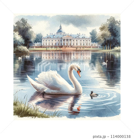 白鳥の湖とパブロスク宮殿 水彩画 空想イラスト Generative AIの