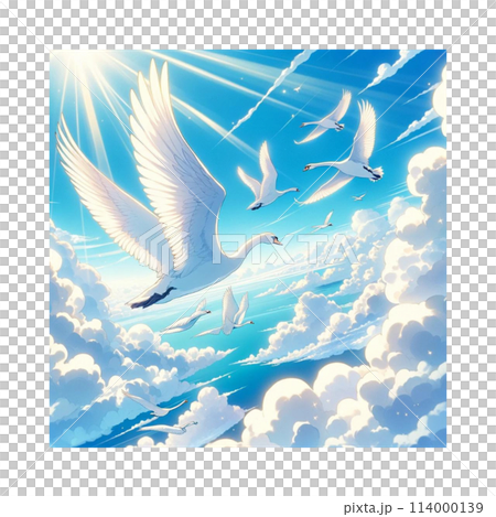 The swans set off to their respective destinations, flying above the clouds. Some turn back. Generative AI 114000139