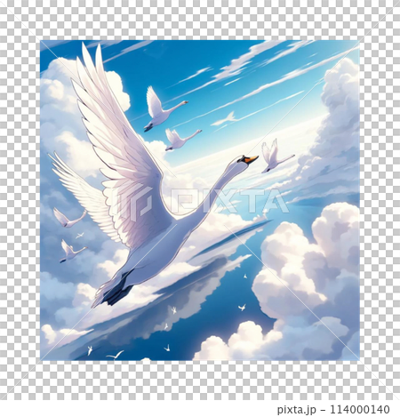 天鵝的飛翔，天空和大海的藍色，雲朵和天鵝的潔白，生成AI 114000140