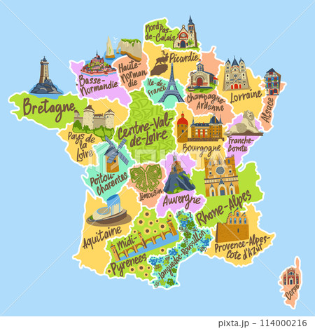 Map of France with French region names and pictures of landmarks. Vector colorful travel illustration. Map of France with French region names and pictures of landmarks. Vector colorful travel illustration. 114000216