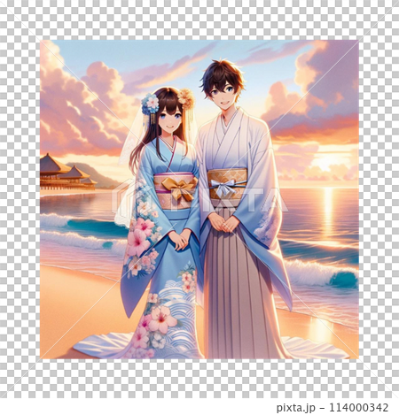 A wedding photo of a couple in kimono on the beach at dusk Manga Generative AI A wedding photo of a couple in kimono on the beach at dusk Manga Generative AI 114000342