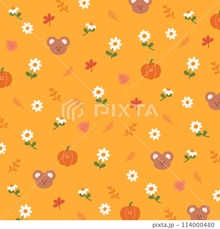 Illustration of autumn elements of teddy bear, pumpkin, flowers, leaves on orange background for pattern, animal, wallpaper, backdrop, fabric print, print, card, kid clothes, nature, garden, garment 114000480