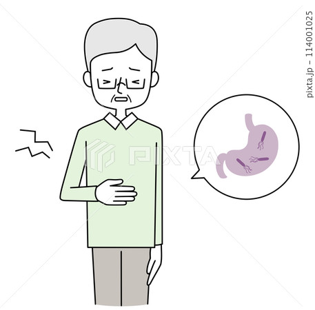 ピロリ菌　胃が痛いシニア男性のイラスト 114001025