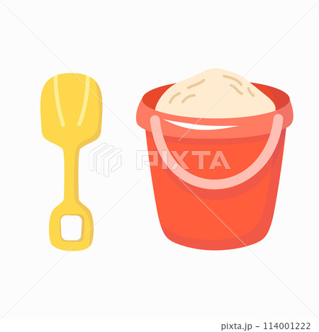 Red sand bucket and yellow kid shovel in flat style. Summer beach design elements. Vector illustration Red sand bucket and yellow kid shovel in flat style. Summer beach design elements. Vector illustration 114001222