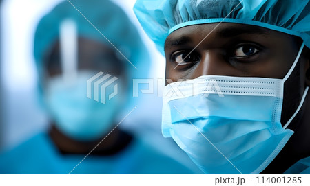 Portrait of a male surgeon wearing a surgical mask and cap in an Portrait of a male surgeon wearing a surgical mask and cap in an 114001285