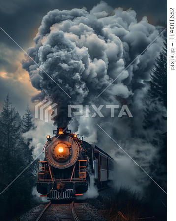 A steam locomotive billowing smoke, captured in a dynamic shot with the smoke forming an elegant and flowing shape that is reminiscent of clouds or mist. 114001682