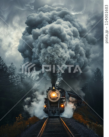 A steam locomotive billowing smoke, captured in a dynamic shot with the smoke forming an elegant and flowing shape that is reminiscent of clouds or mist. A steam locomotive billowing smoke, captured in a dynamic shot with the smoke forming an elegant and flowing shape that is reminiscent of clouds or mist. 114001683