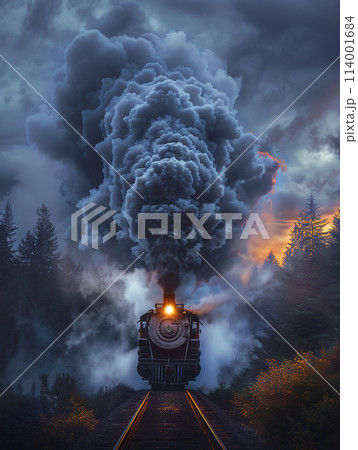 A steam locomotive billowing smoke, captured in a dynamic shot with the smoke forming an elegant and flowing shape that is reminiscent of clouds or mist. 114001684