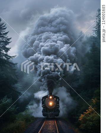 A steam locomotive billowing smoke, captured in a dynamic shot with the smoke forming an elegant and flowing shape that is reminiscent of clouds or mist. 114001685