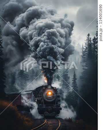 A steam locomotive billowing smoke, captured in a dynamic shot with the smoke forming an elegant and flowing shape that is reminiscent of clouds or mist. 114001690