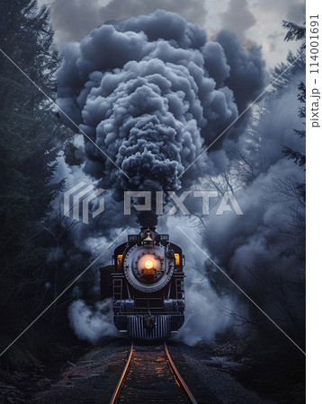 A steam locomotive billowing smoke, captured in a dynamic shot with the smoke forming an elegant and flowing shape that is reminiscent of clouds or mist. A steam locomotive billowing smoke, captured in a dynamic shot with the smoke forming an elegant and flowing shape that is reminiscent of clouds or mist. 114001691