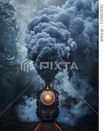 A steam locomotive billowing smoke, captured in a dynamic shot with the smoke forming an elegant and flowing shape that is reminiscent of clouds or mist. 114001692