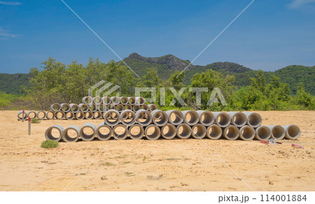 Drainage Concrete Pipe with mountain hills. 114001884