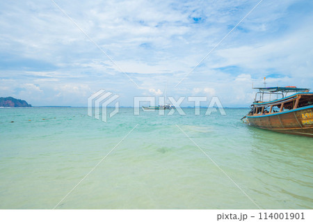 Clear blue turquoise seawater, Andaman sea in Phuket island in summer season, Thailand. Water in ocean pattern wallpaper background. 114001901