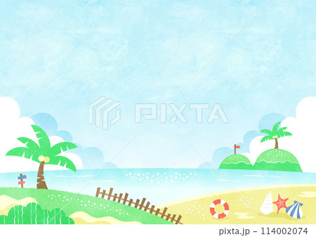 のんびりした夏の海の風景 ヤシの木と南国の島々の水彩背景イラスト 114002074