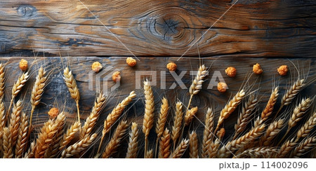 Wooden background with ears of grain, eco background 114002096