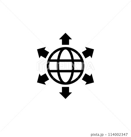 A minimalist icon representing global interconnectivity and digital communication, with arrows pointing outward from a central globe. Vector icon for website design, logo, app, and ui. A minimalist icon representing global interconnectivity and digital communication, with arrows pointing outward from a central globe. Vector icon for website design, logo, app, and ui. 114002347