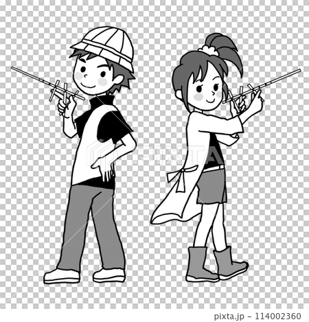 Boy and girl posing with handmade toy chopstick guns Monochrome tone illustration Boy and girl posing with handmade toy chopstick guns Monochrome tone illustration 114002360