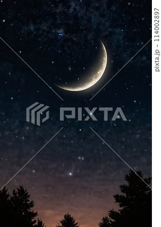 夜空に輝く星と三日月 114002897