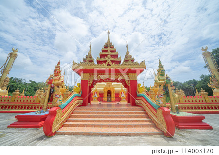 The Isan pagoda is a buddhist temple near Bangkok, an urban city town, Thailand. Thai architecture landscape background. Tourist attraction landmark. 114003120