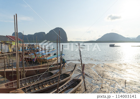 Koh Panyee, The Floating village urban city town houses, lake sea or river. Nature landscape fisheries and fishing tools at Pak Pha, Phang Nga, Thailand. Aquaculture farming 114003141