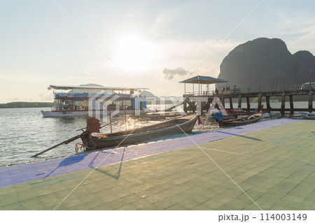 Koh Panyee, The Floating village urban city town houses, lake sea or river. Nature landscape fisheries and fishing tools at Pak Pha, Phang Nga, Thailand. Aquaculture farming 114003149