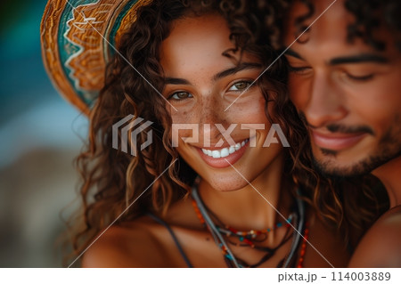 Smiling couple with cultural accessories 114003889