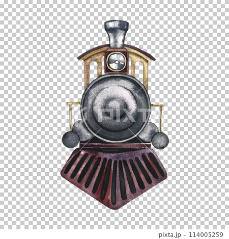 Vintage retro steam locomotive, front view. Watercolor illustrations are made by hand, in isolation. For banners, flyers, posters. For prints, stickers, postcards and tickets. 114005259