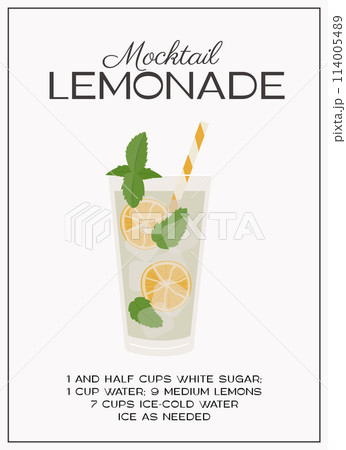 Lemonade Mocktail garnished with mint and lemon. Classic nonalcoholic beverage recipe modern wall art print. Summer drink poster. Minimalist trendy vector flat illustration. 114005489