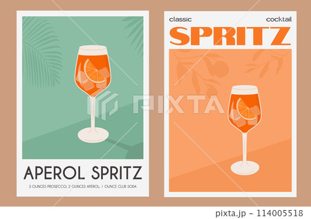 Aperol Spritz Cocktail in glass with ice and orange slice. Summer Italian aperitif retro poster set. Wall art with alcoholic beverage garnished with orange wedge and citrus tree on background. Vector. 114005518