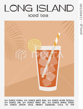 Long Island Iced Tea Cocktail with lime slices. Classic alcoholic beverage recipe. Summer aperitif poster. Minimalist trendy print with alcoholic drink. Vector flat illustration. 114005590