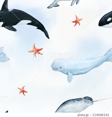 Watercolor seamless pattern with illustration of arctic sea animals narwhal ,killer whale, white whale on abstract blue and white background. For children's things, wallpaper 114006142