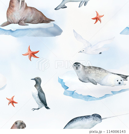 Watercolor seamless pattern with illustration of arctic sea animals seal, narwhal ,white seagull, walrus on floating ice, on abstract blue and white background. For children's things, wallpaper 114006143