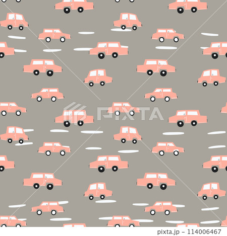 Seamless pattern with cute car on color background. Cartoot transport. Vector illustration. Doodle style. Design for baby print, invitation, poster, card, fabric, textile 114006467