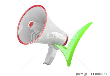 Megaphone or bullhorn with check mark, 3D rendering 114006634