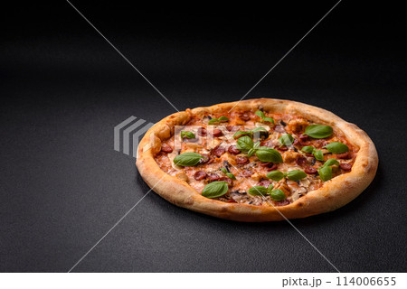 Delicious pizza with sausage, cheese, tomatoes, salt, spices and herbs Delicious pizza with sausage, cheese, tomatoes, salt, spices and herbs 114006655