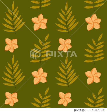 Hand drawn seamless pattern with tropical palm leaves and flowers. Botanical repeating background Hand drawn seamless pattern with tropical palm leaves and flowers. Botanical repeating background 114007104