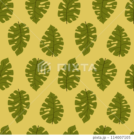 Cute hand drawn tropical plant leaves seamless pattern. Monstera branches. Flat vector illustration Cute hand drawn tropical plant leaves seamless pattern. Monstera branches. Flat vector illustration 114007105