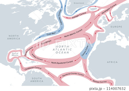 Map of the Gulf Stream and major North Atlantic Ocean currents. Sea water is circulating in clockwise direction, the warm currents highlighted in red, and the cold ones in blue. Illustration. Vector 114007632