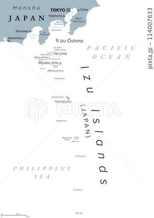 Izu Islands, volcanic island group of Japan, gray political map. Located in the Pacific, part of Tokyo Prefecture, stretching from Izu Peninsula of Honshu south to Sofu Iwa, and largest island Oshima. 114007633