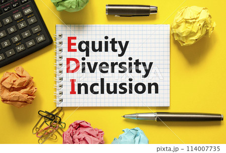 EDI equity diversity inclusion symbol. Concept words EDI equity diversity inclusion on white note. Beautiful yellow background. Business EDI equity diversity inclusion concept. Copy space. 114007735