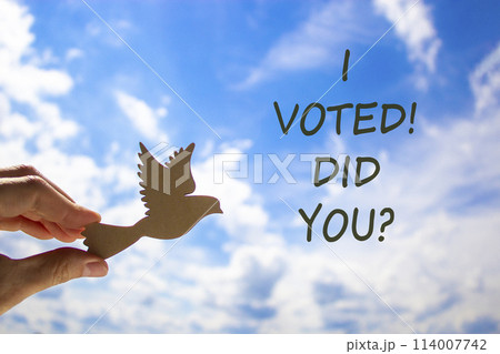 I voted. Did you symbol. Concept words I voted. Did you. Beautiful blue sky cloud background. Voter hand with wooden bird. Business I voted. Did you concept. Copy space. 114007742