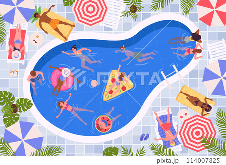 Cartoon swimming pool scene. People sunbathing, swimming and floating on inflatable rings in swimming pool, summer water activities flat vector illustration. Summer pool vacation pastime 114007825